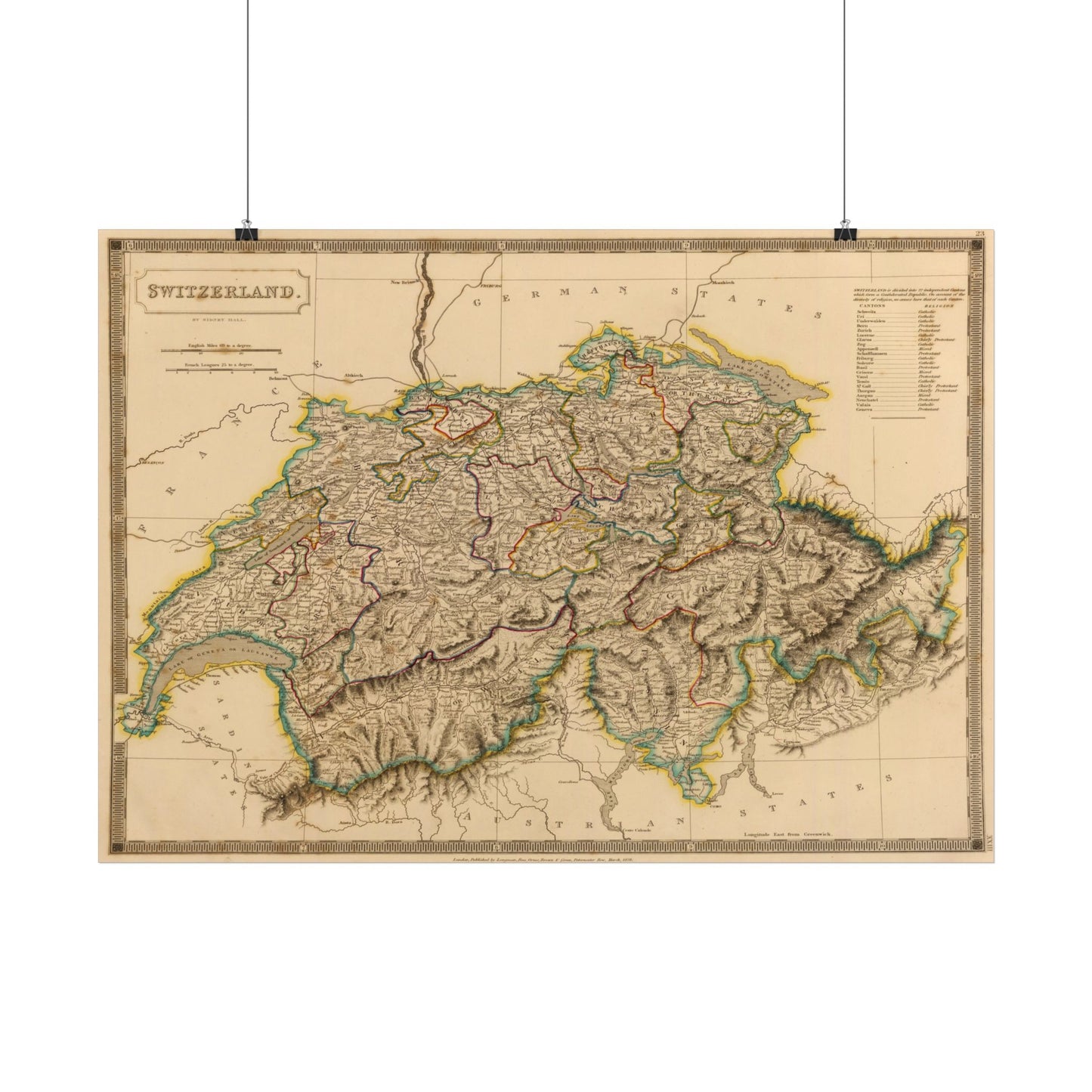 Antique Map of Switzerland (1828) — Sidney Hall, A New General Atlas, London