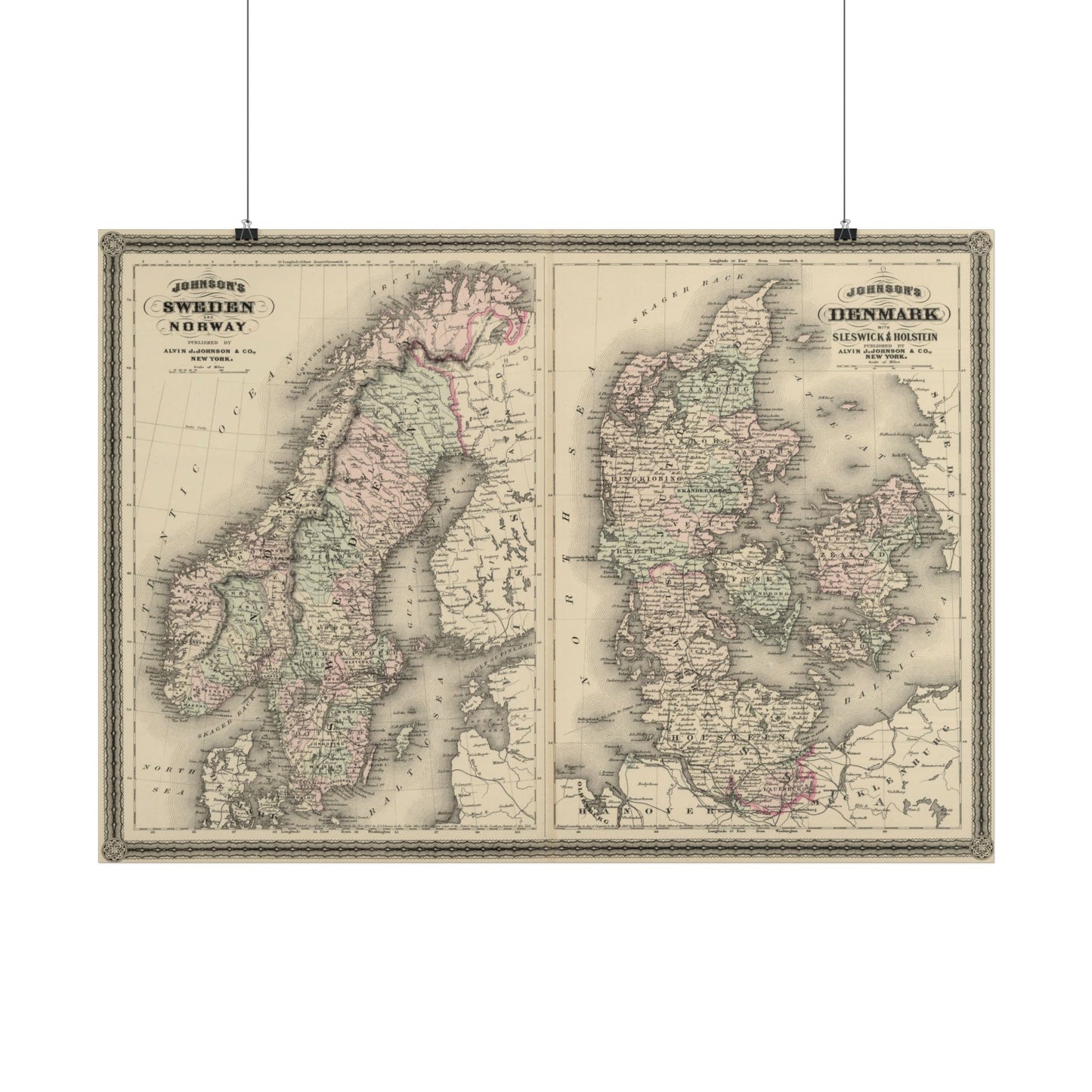 Antique Map of Scandinavia (1886) — A.J. Johnson, Sweden, Norway & Denmark