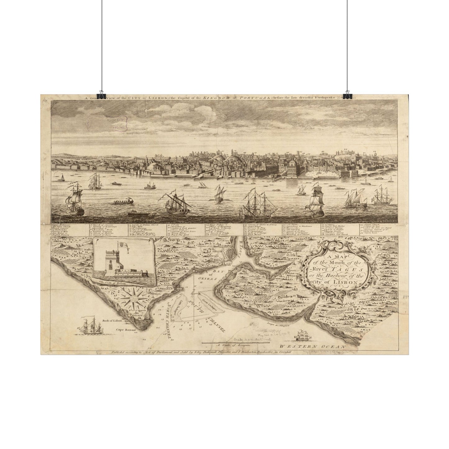 Antique Map and View of Lisbon (1755) — Elizabeth Bakewell, River Tagus & City Before the Earthquake