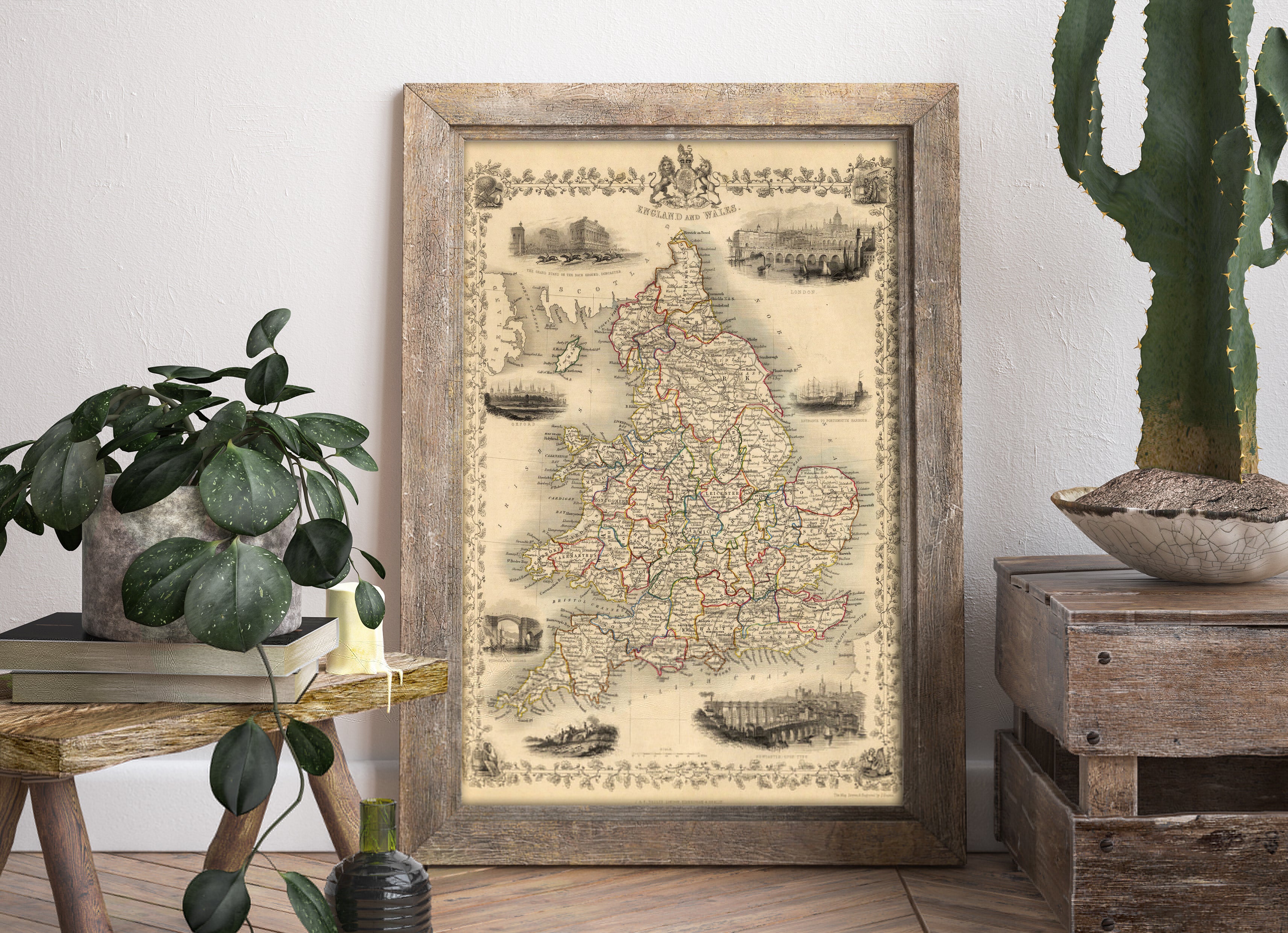 19世紀 イギリスとウェールズの古地図　ガラス額縁　木製フレーム付き Premium Wood Framed Vintage Maps – Carta Antiqua