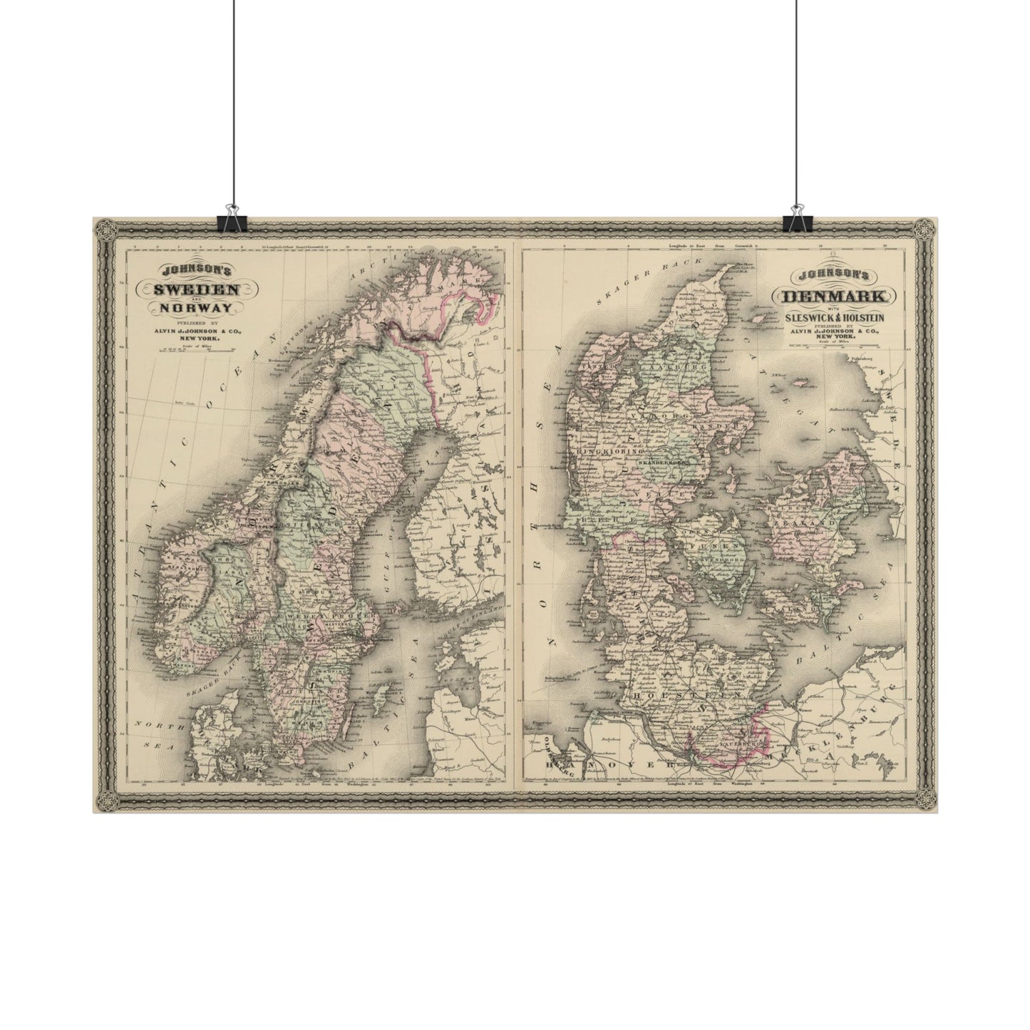 Antique Map of Scandinavia (1886) — A.J. Johnson, Sweden, Norway & Denmark