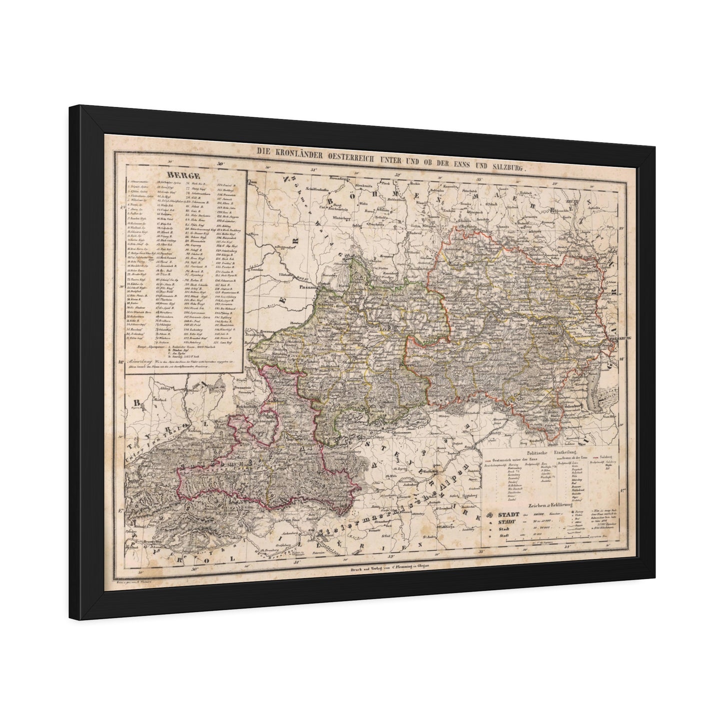Antique Map of Austria (1855) — (Framed Print) Crown Lands of the Habsburg Empire by Carl Flemming