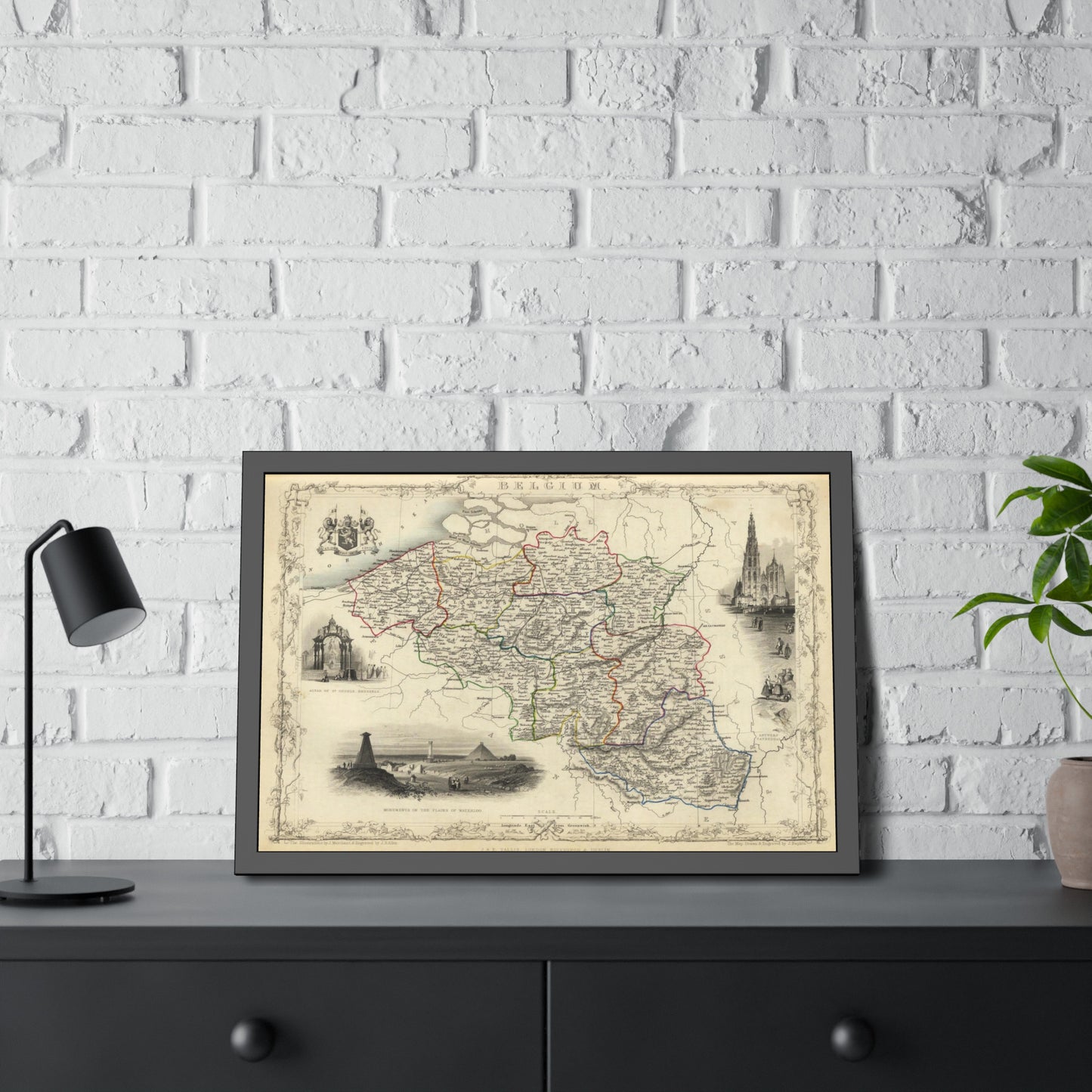 Antique Map of Belgium (1851) — (Framed Print) Illustrated Atlas by J. & F. Tallis and R. Montgomery Martin