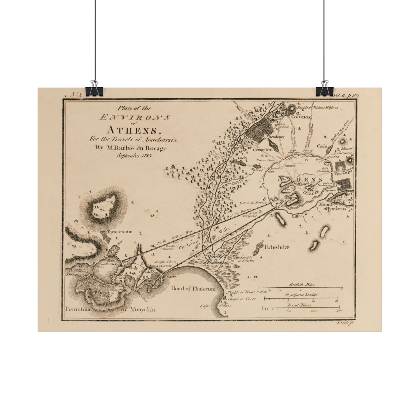 Antique Map of Athens (1785) — Barbie du Bocage, Plan of the Environs of Athens for the Travels of Anacharsis