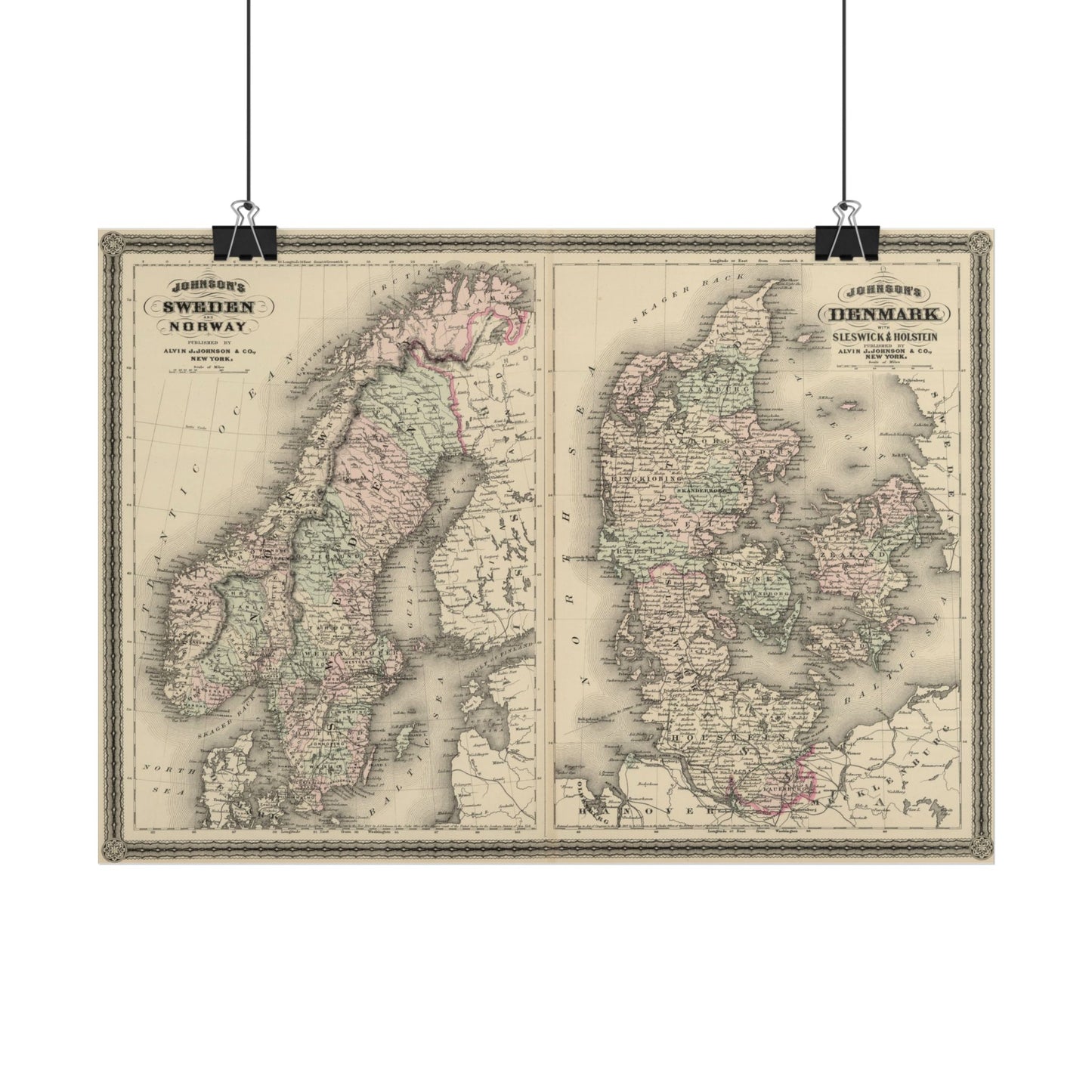 Antique Map of Scandinavia (1886) — A.J. Johnson, Sweden, Norway & Denmark