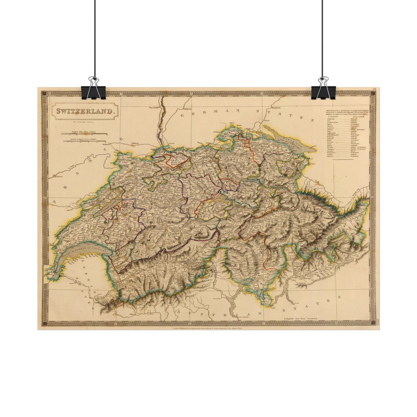 Antique Map of Switzerland (1828) — Sidney Hall, A New General Atlas, London