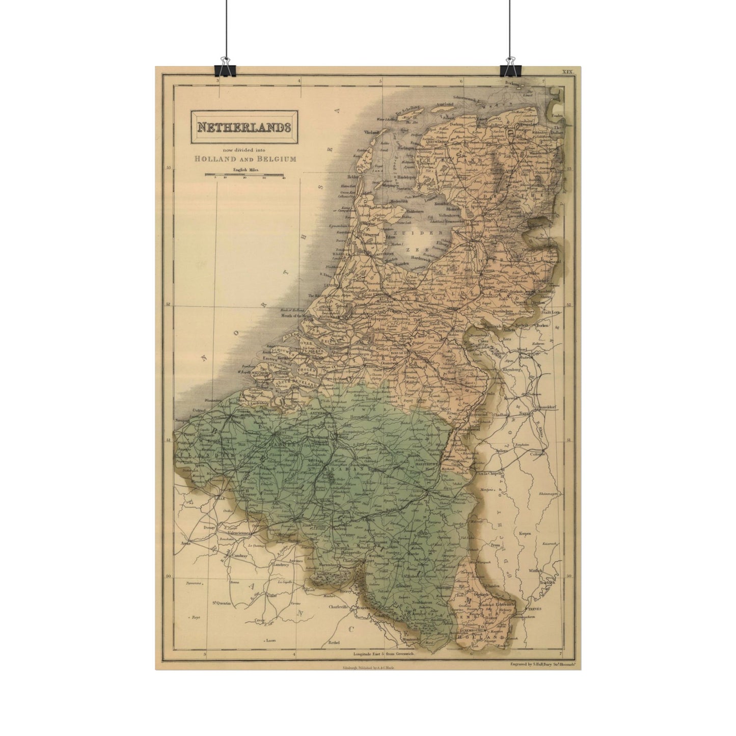 Antique Map of the Netherlands and Belgium (1854) — A. & C. Black, Edinburgh, Engraved by Sidney Hall