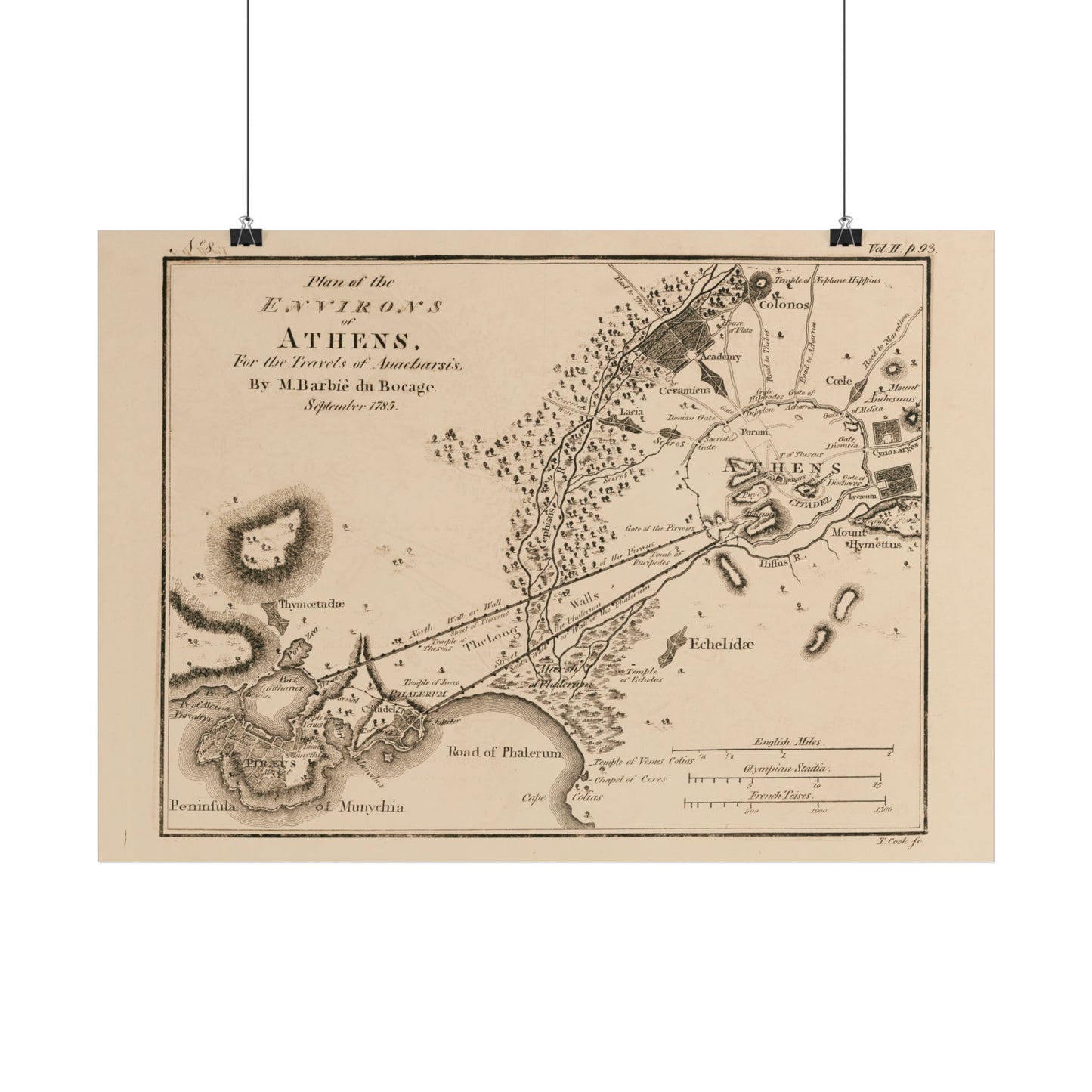 Antique Map of Athens (1785) — Barbie du Bocage, Plan of the Environs of Athens for the Travels of Anacharsis