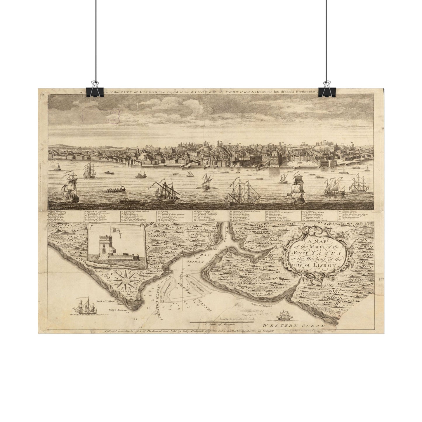 Antique Map and View of Lisbon (1755) — Elizabeth Bakewell, River Tagus & City Before the Earthquake