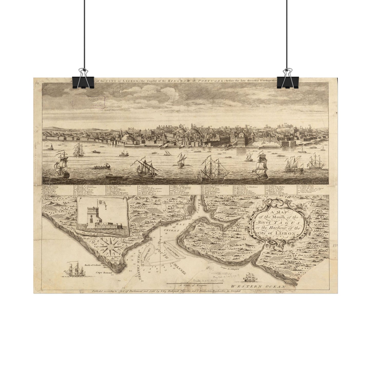 Antique Map and View of Lisbon (1755) — Elizabeth Bakewell, River Tagus & City Before the Earthquake