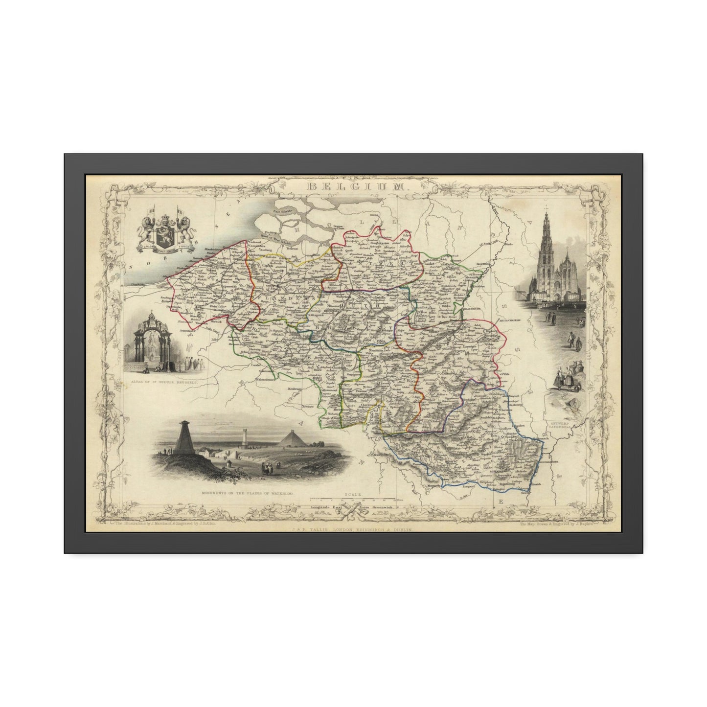 Antique Map of Belgium (1851) — (Framed Print) Illustrated Atlas by J. & F. Tallis and R. Montgomery Martin