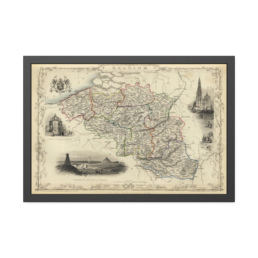 Antique Map of Belgium (1851) — (Framed Print) Illustrated Atlas by J. & F. Tallis and R. Montgomery Martin
