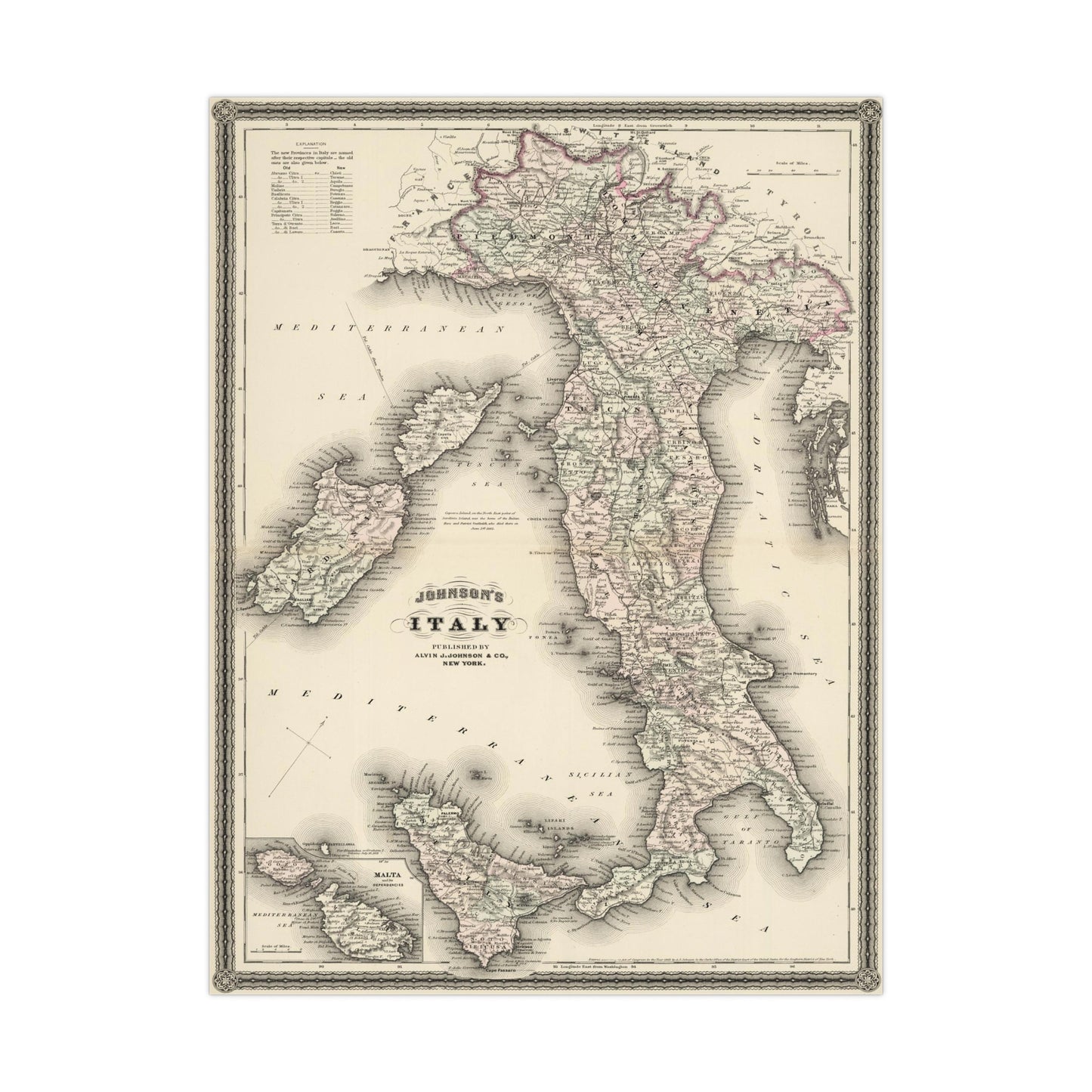 Italy - 19th Century Map (Museum Paper Print)