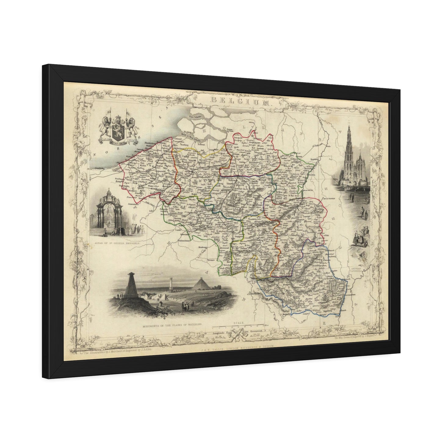 Antique Map of Belgium (1851) — (Framed Print) Illustrated Atlas by J. & F. Tallis and R. Montgomery Martin