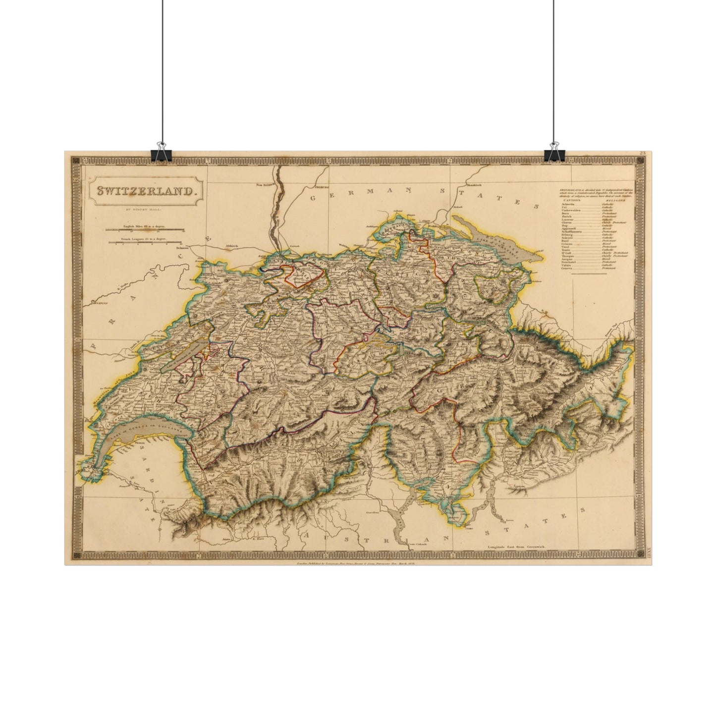 Antique Map of Switzerland (1828) — Sidney Hall, A New General Atlas, London