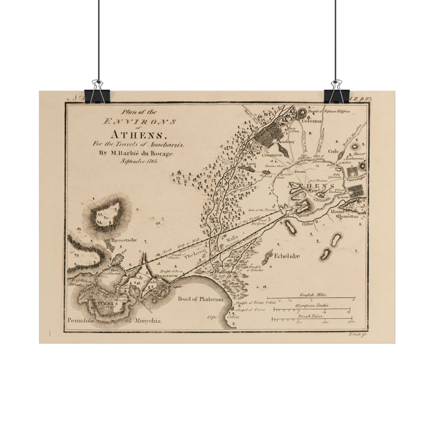 Antique Map of Athens (1785) — Barbie du Bocage, Plan of the Environs of Athens for the Travels of Anacharsis