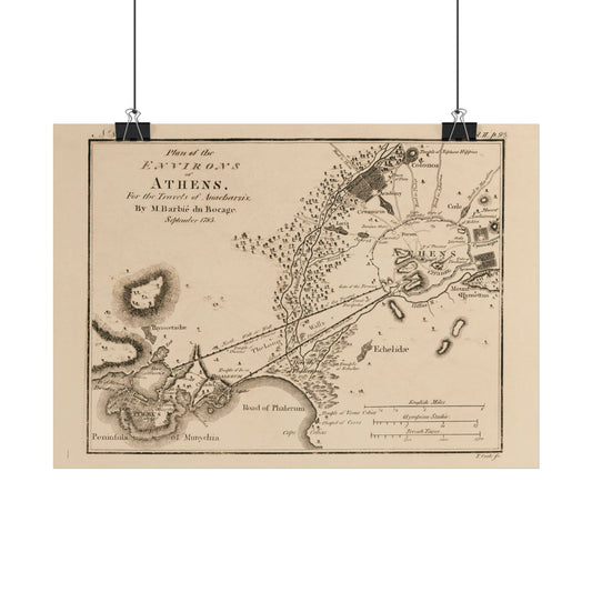 Antique Map of Athens (1785) — Barbie du Bocage, Plan of the Environs of Athens for the Travels of Anacharsis