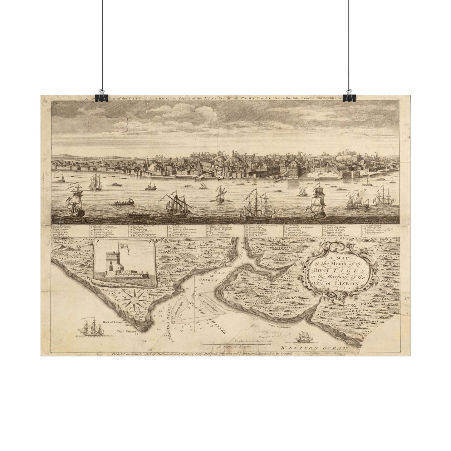 Antique Map and View of Lisbon (1755) — Elizabeth Bakewell, River Tagus & City Before the Earthquake