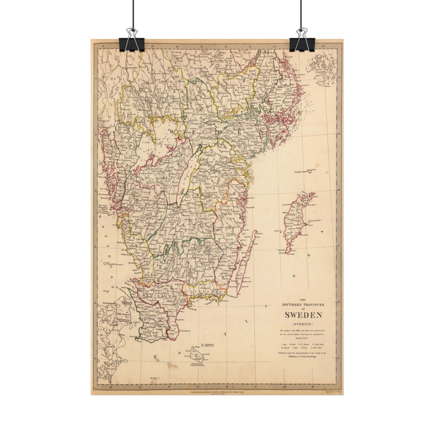 Antique Map of Southern Sweden (1833) — SDUK, Society for the Diffusion of Useful Knowledge, London